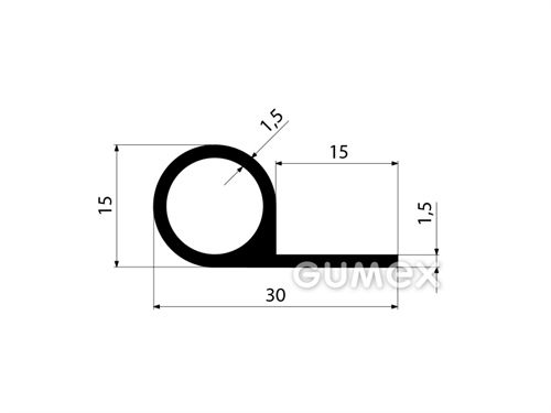 Silikónový profil tvaru "P" s dutinkou, 30x15/1,5mm, 60°ShA, -60°C/+180°C, čierny